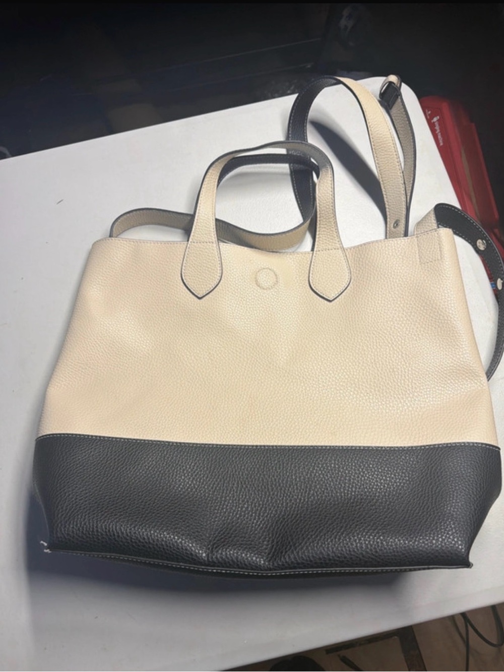 Two-Tone Cream and Black Structured Leather Tote - Picture 4 of 6